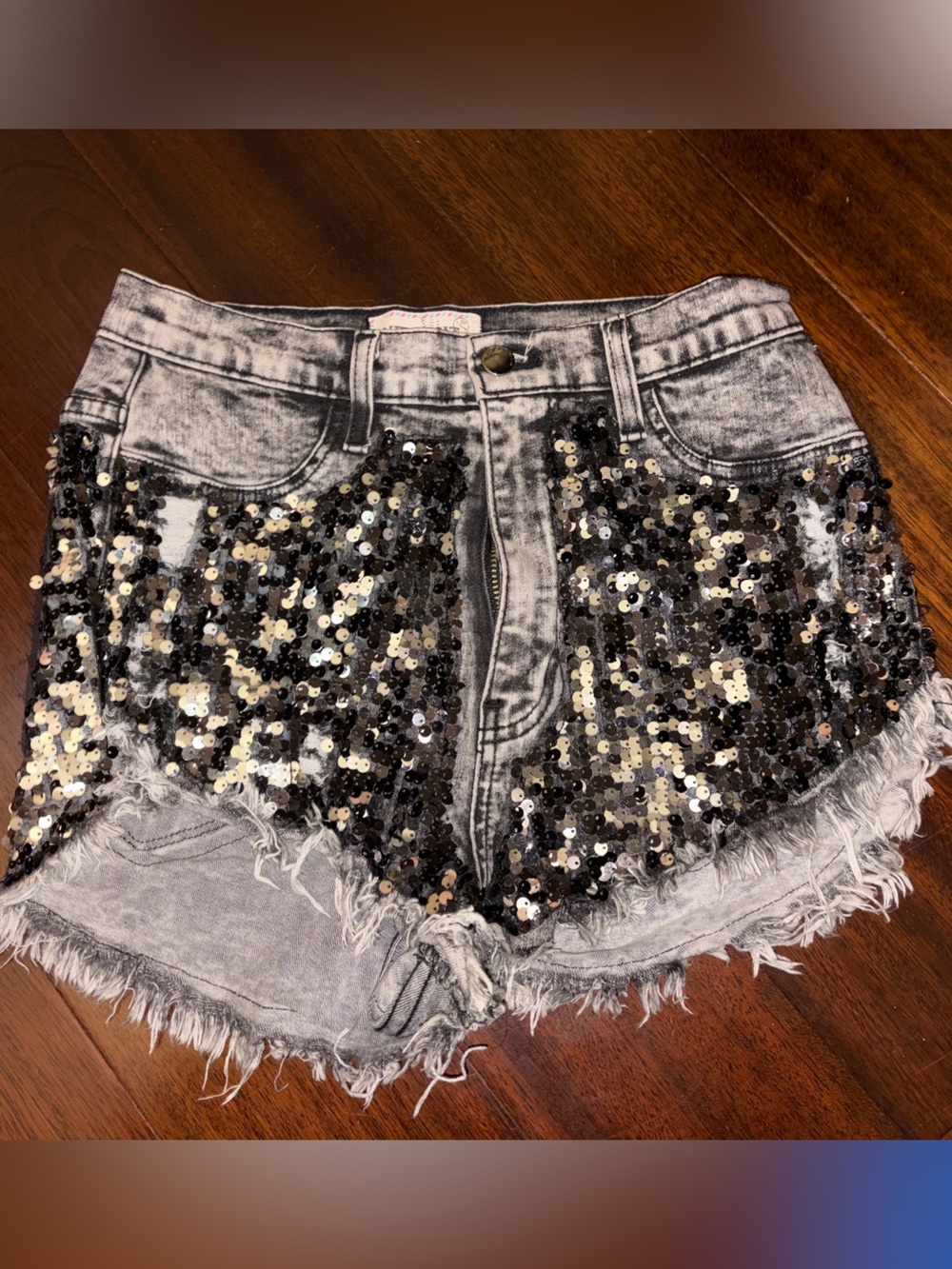 Sequin Embellished Gray Denim Women's Shorts